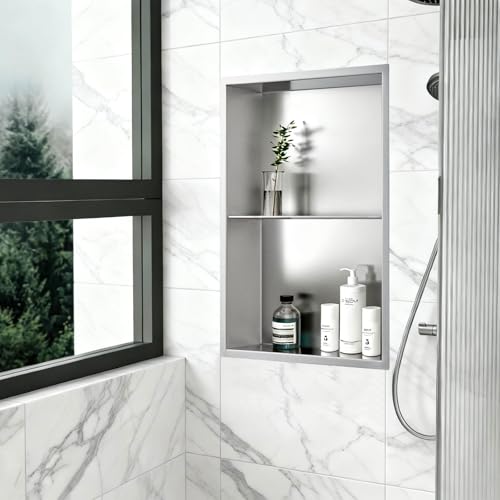 14x20 Inch Brushed Nickel Shower Niche, No Tile Needed Stainless Steel Recessed Bathroom Wall Niche with Double Shelves for Shower Storage - size: 14x20" - Brushed Nickel