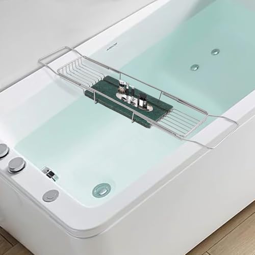 Expandable Bathtub Tray, Stainless Steel Bath Tub Caddy with Marble Base, Adjustable Over Tub Rack with Phone Tablet Holder, Bathtub Organizer (Silver) - color: Silver