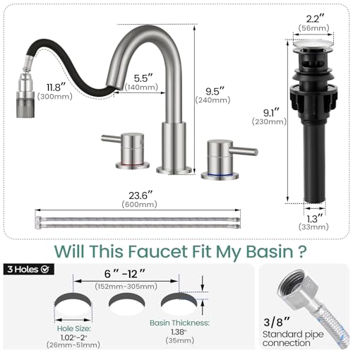Bathroom Sink Faucet 3 Hole with Pull Down Sprayer, Brushed Nickel | Lead-free stainless steel, pop-up drain, 2-handle, 360°swivel, 8-inch widespread Faucet for RV/vanity sink, 3-hole mount - color: 2-Brushed Nickel, style: 8 Inch Pull Down