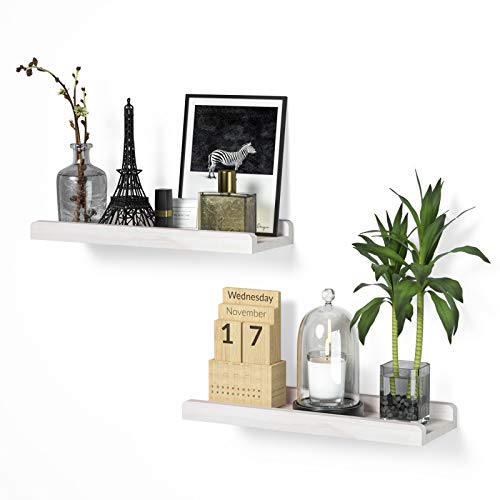 Love-KANKEI 17" White Floating Wall Shelves with Lip,Solid Wood,Set of 2 | Protective Ledge,Easy to Install,For Bedroom Living Room Bathroom Kitchen Office,Nursery Display,18 Lbs/shelf,Wall Decor