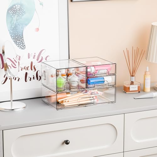 4 Pack Clear Stackable Storage Drawers,Acrylic Drawer Organizer for Medicine,Palettes,Hair Accessories and Makeup Organizer,Plastic Drawers for Cabinet,Office,Desk,Bathroom Storage Containers - style: 4 PACK