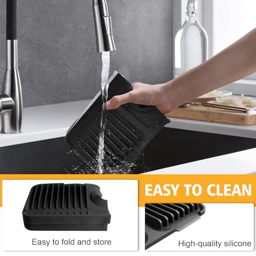 14.6-Inch Kitchen Sink Splash Guard Mat | 7° Slope for Fast Self-Draining | Snap-Lock Design | Universal & Cuttable Silicone Faucet Mat BLACK - color: Black, size: 14.6" x 5.5"