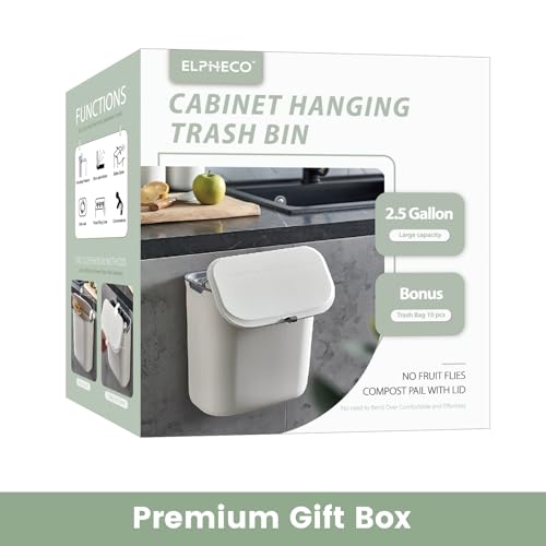 ELPHECO Compost Bin, 2.5 Gallon Hanging Trash Can with Lid, Kitchen Cabinet Door Under Sink Plastic Garbage Can Wall Mounted Slide Open, White