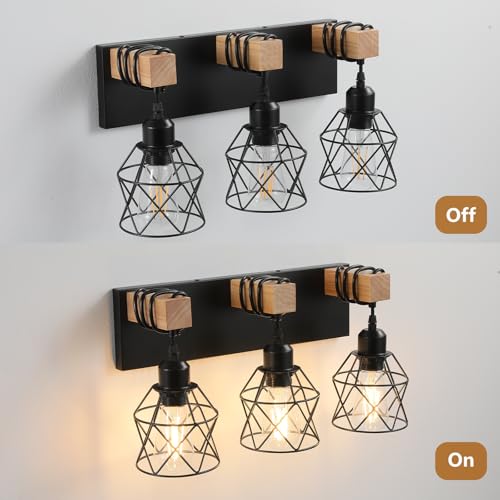 Farmhouse Vanity Light Fixture,3-Light Bathroom Lighting,Black Industrial Wood Wall Light Over Mirror with Metal Shade,Bulbs NOT Included - color: Black, size: 3-Light-Wide 18"