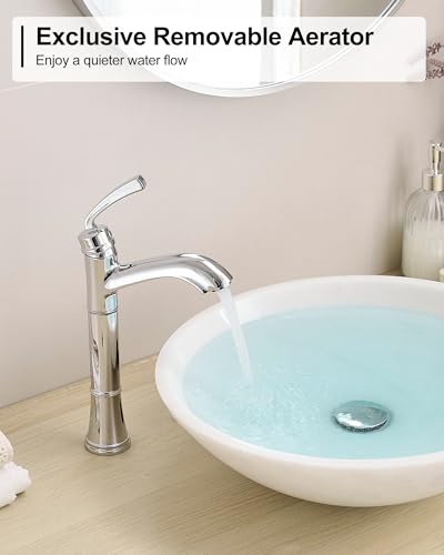 Tall Vessel Sink Faucet, Brass Bathroom Vessel Faucet, One Hole, Single Handle with Pop-Up Drain & Supply Water Hoses, No Leaks, Chrome - color: Chrome