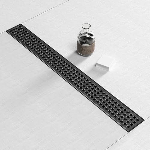 24 Inch Black Linear Shower Drain, Rectangular Shower Floor Drains with Square Hole Cover, 304 Stainless Steel Linear Drain with Leveling Feet, Hair Strainer (Matte Black) - size: 24 Inch