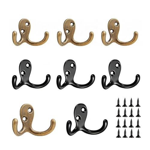 Coat Hooks, Heavy Duty Double Prong Coat Hooks Wall Mounted with Screws, No Rust Black Coat Hooks for Hanging Towel, Coat, Bag, Hat, Cup, Key (4pcs Black+ 4pcs Bronze) - color: 4pcs Black+ 4pcs Bronze