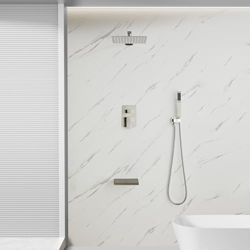 Brushed Nickel Rainfall Shower Faucet Set with Tub Spout 10 Inch | Shower Head and Handle with 2 Hooks, Rain Shower and Handheld Shower System Square Wall Mount for Bathroom - color: Brushed Nickel, style: 10 Inch