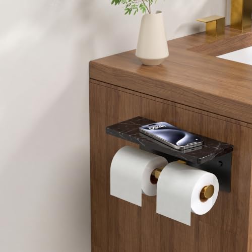 FORIOUS Toilet Paper Holder with Shelf, Commercial Toilet Paper Dispensers | Brushed Gold | Wall Mount Bathroom Tissue Holder | SUS304 Stainless Steel Rustproof | Double Tissue Roll Holder - color: Black & Gold-marble