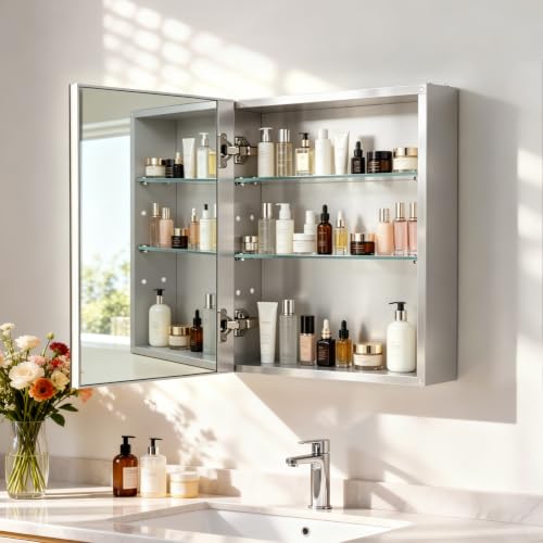 Bathroom Medicine Cabinet,Double-Sided Mirror Door(15.9 x 20) | Silver Aluminium Frame, Lightweight, Sturdy,Attractive,Simple Wall-Mounted,Adjustable Shelves,Tempered glass - size: 15.9"x 20"