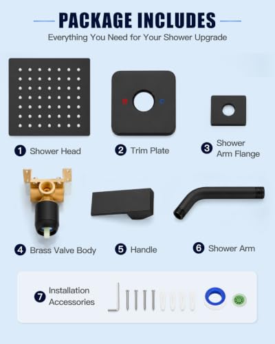 Heyalan 6 Inch Square Rain Shower Faucet Set with Valve, Matte Black | Female-thread 1/2-inch NPT connections, SUS304 shower head, brass rough-in valve, single-handle control Shower Set - color: Black, size: 6 Inch Square Shower Head