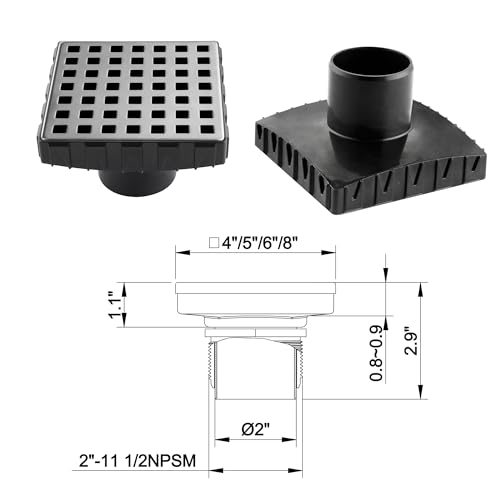 4 Inch Square Shower Drain, 304 Stainless Steel Cover Panel with ABS Frame, Removable Quadrato Pattern Grate with Hair Catcher, CUPC Certified, Brushed Nickel