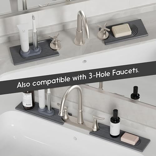 2-Piece Stone Faucet Mat for Kitchen Sink, Split Water-Absorbing Sink Tray with Center Faucet Opening, Dark Gray, 23.6 x 3.9 Inches Combined - color: Gray-Long