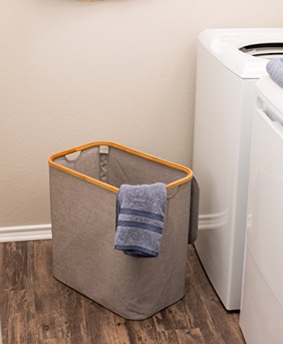 BirdRock Home Bamboo & Canvas Hamper | Single Laundry Basket with Lid | Foldable Hamper | Cut Out Handles
