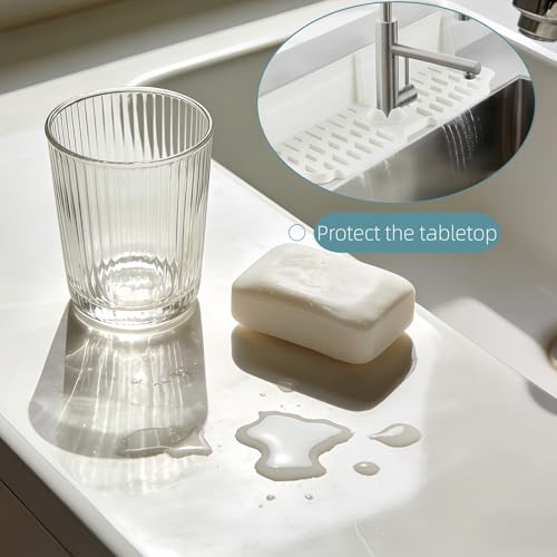 Sink Splash Guard Behind Faucet, 17" x 5.5" Silicone Faucet Drying Mat & Dish Sponge Holder, Fast Self-Draining Kitchen Sink Organizer with Adjustable Fit (White) - color: White