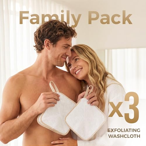 ZOMCHI Exfoliating Washcloth for Face and Body, Dual Function Wash Cloth with Soft and Rough Sides, Exfoliating Scrub Bath Towels, Washcloth with Loop (White, 3 Pack) - style: White, 3 Pack