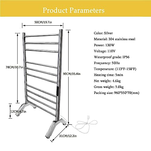 Towel Warmer Rack,Electric Heated Towel Rack Freestanding & Wall Mounted, Towel Warmer for Bathroom Standing 304 Stainless Steel,10 Bars Radiator with Timer,Plug-in,Silver - color: Silver