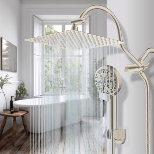 Hibbent 12'' All Metal CUPC Certified Shower Head, High Pressure Rainfall Shower Head, Handheld Showerhead Combo, 12'' Adjustable Extension Arm, 10-Spray, 71'' Hose, Showerhead Holder, Brushed Nickel - color: Brushed Nickel, style: Square 12''