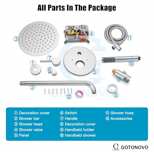 gotonovo Shower Faucet Set with Rough-in Valve Trim Kit,Polish Chrome | 10 Inch Round Rain Showerhead with Handheld Spray,Bathroom Wall Mount Shower System Complete Combo,2-in-1 Diverter,All Metal - color: Chrome