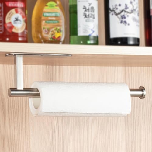Paper Towel Holder Under Cabinet No Drilling, Self Adhesive Paper Towel Holder Wall Mount for Kitchen Rack, Under Counter Napin Holder No Drill, RV, 304 Stainless Steel, Silver - color: Silver