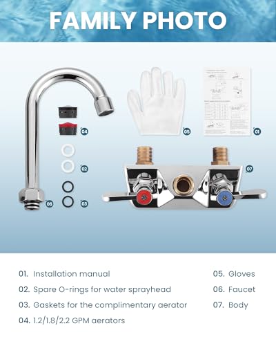 Commercial Hand Sink Faucet: 4" Center Wall Mount Kitchen Faucet with 3.8" Gooseneck Spout 360° Swivel, 2 Hole & Dual Lever Handles, Brass Constructed Chrome Polished, for Laundry Farmhouse RV - size: 4"center 3.8"