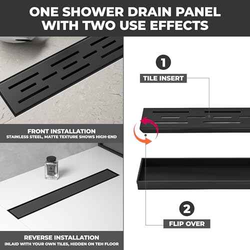 24 Inch Linear Shower Drain - Removable Brick Pattern Grate | 304 Stainless Steel Rectangular Floor Drain Set with Hair Catcher, Adjustable Leveling Feet & Adapter - color: Matte Black With Grate, size: 24 Inch