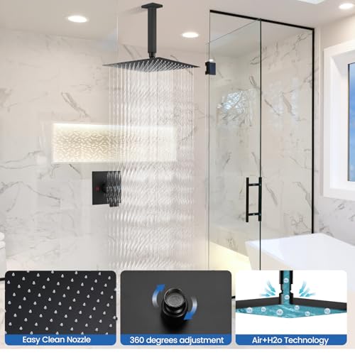Airuida 12 Inch Matte Black Shower Faucet Set,Rainfall Shower System | Ceiling Shower Head,Male Thread Rough-in Valve,Ceiling Mount,Single Handle - color: Matte Black, size: 12 Inch