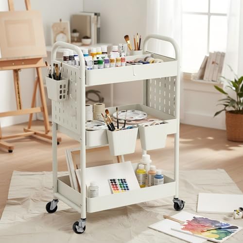 Craft Cart, Black Rolling Cart with Retractable Dividers & DIY Pegboards for Kitchen, Bedroom, Laundry - color: White