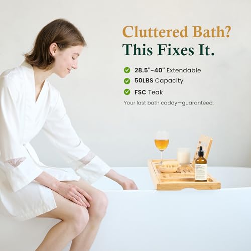 Bamboo Bathtub Tray, Natural Bath Caddy | Wine Glass Holder, Phone Book Rack, Hands Free Bath Reading, Premium Spa Bath Organizer - color: Modern Bamboo Finish