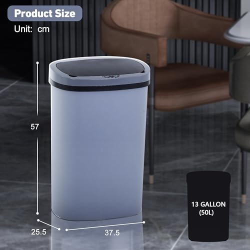 13 Gallon Trash Can,Soft Close Large Garbage Can with Lid,Automatic Indoor Smart Trashcans for Kitchen,Waterproof Trashcans for Kitchen,Touch-Free Trash Can,Gray - color: Gray, style: 1 piece