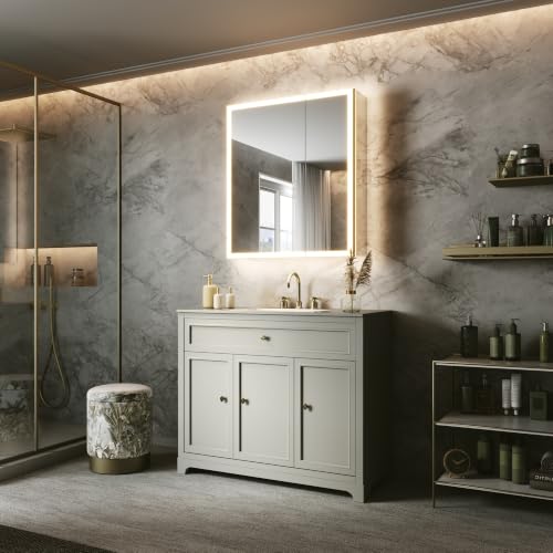 28x32 Lighted Medicine Cabinet, Separate Front & Back Lights | Surface/Recessed LED Medicine Cabinet for Bathroom with Side Mirrors, Dimmable Light, Anti-Fog, Memory,Silver Aluminum Frame - size: 28" x 32"