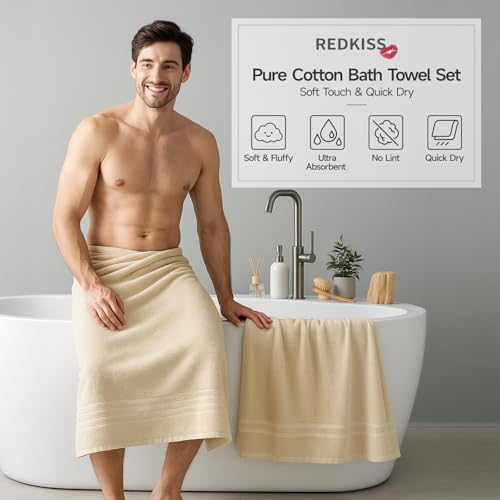REDKISS Beige Towels Set 6 Piece Cotton Towel Sets with 2 Bath Towels, 2 Hand, 2 Washcloths, 650GSM Hotel Quality, Soft, Highly Absorbent Towels for Bathroom Gym, Ideal Everyday Use - color: Beige