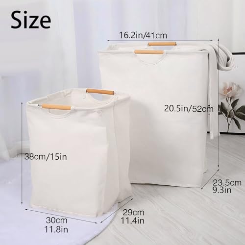 Collapsible Laundry Hamper Bag with Wooden Handles - 36L/8 Gallon Capacity Waterproof Oxford Cloth Storage Basket, Freestanding No Wire Frame, for Dorm Room, Bedroom, Bathroom (Small-White) - size: Small-White