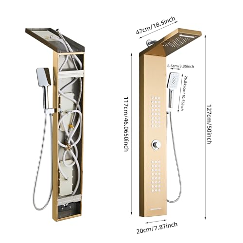 Shower Panel Tower System,Rain Shower Head Rainfall | Waterfall Shower,Handheld High Pressure Rain Massage System(Lengthened Gold) - color: Gold, style: Upgrade and lengthen