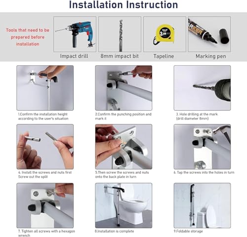 CEEBUS Toilet Grab Bar, Drop Down Bathroom Safety Support Height Adjustable, Foldable Aluminium Alloy Safety Handrail,Anti Slip Shower Assist Aid, for Elderly Pregnant Women Disabled, kk852