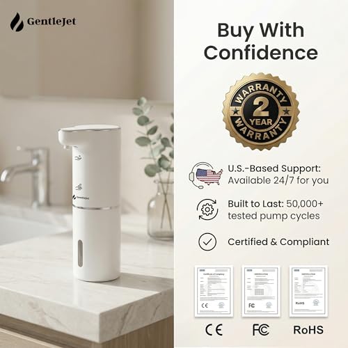 GentleJet JetFoam Automatic Foam Soap Dispenser Touchless Sensor, USB-C Rechargeable, Adjustable Output, IPX5 Waterproof, 300 ml, Bathroom & Kitchen Countertop - color: White