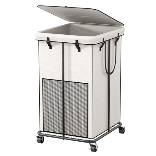 40 Gal Large Laundry Hamper with Lid, Rolling Laundry Basket with Wheels | Oxford Fabric Dirty Clothes Hampers with Removable Laundry Bag & Metal Frame for Bedroom, Laundry Room, Bathroom, Dorm(White) - color: White-2