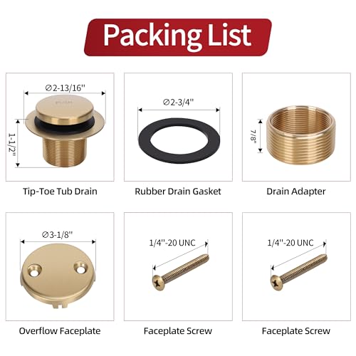 PRIMSOPH Tip-Toe Tub Drain Trim Kit with Two Hole Overflow Faceplate Conversion Kit Assembly Universal Fine Coarse Thread Replacement Brushed Gold - color: Brushed Gold, style: Two Hole