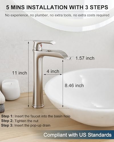 Brushed Nickel Bathroom Faucet Brass Waterfall Faucet for Bathroom Sink, Tall Vessel Sink Faucets, Vanity Faucet 1 Hole Single Handle with Pop-Up Drain Supply Hoses for Lavatory RV Farmhouse - color: Brushed Nickel