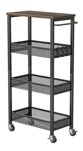 XYZLVSI Slim Rolling Storage Cart, 4 Tier Small Bathroom Cart Organizer | 9.1" W narrow storage cabinet with wooden top and metal handle, ideal for kitchen/dorm, between washer and dryer storage - size: 16.7"Dx9.1"Wx34"H