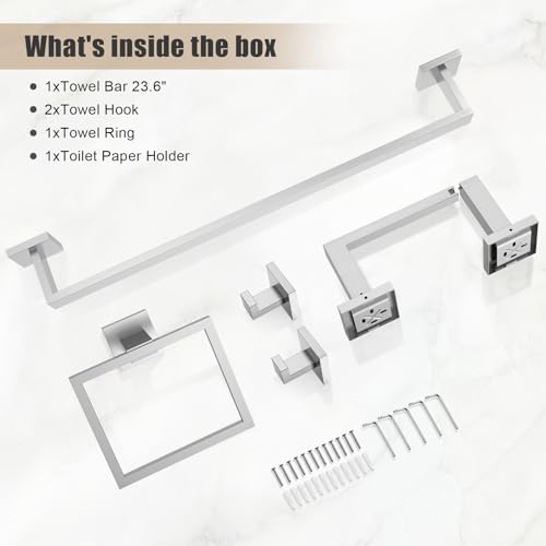 TQKAG Brushed Nickel Bathroom Hardware Accessories Set 5 Pieces, Double Post Pivoting Toilet Paper Holder Set Stainless Steel Square Bathroom Towel Bar Holder Set Wall Mounted - color: Brushed Nickel, size: 5-Pieces Set