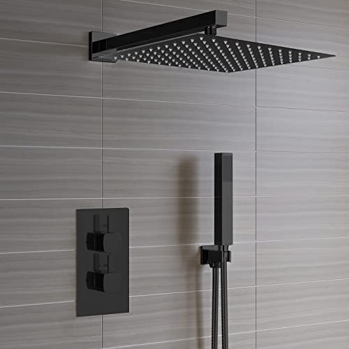 Voolan 16" Square Shower Arm with Flange and Teflon Tape, Extension Shower Head Arm for Bathroom Fixed Shower Head, Solid Stainless Steel, Wall Mounted (Matte Black) - color: Matte Black, style: 16 Inch