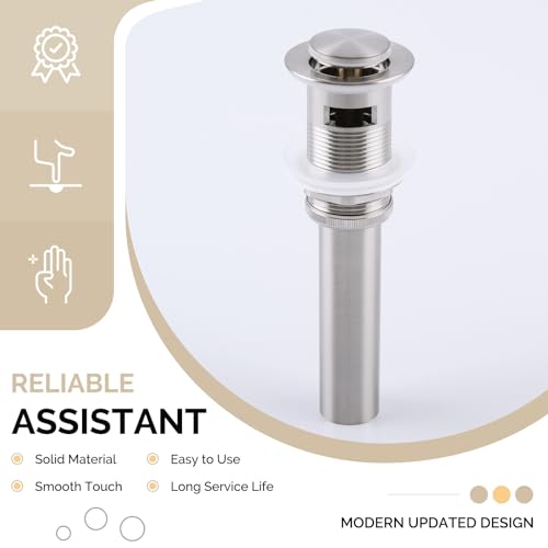 Angle Simple Pop Up Sink Drain Stopper with Overflow, Brushed Nickel | Brass Drain Stopper Assembly, Fits Lavatory & Vanity Sink with 1.61 to 2 Inches Drain Hole - color: Brushed Nickel