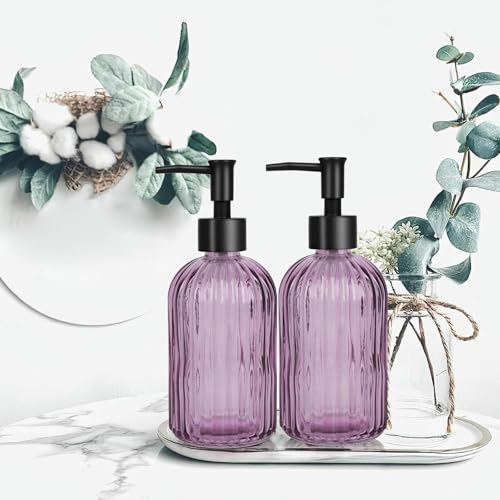 Glass Soap Dispenser with Plastic Pump, Hand Soap Dispenser for Hand Wash, Lotion Dispenser for Dishwashing Liquid, Lotion Shower Gel (Striped Purple) - color: Striped Purple