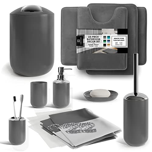 Clara Clark Bathroom Set - Gray Bathroom Accessories Set, Bathroom Sets with Shower Curtain and Rugs, 23PC Shower Curtain Set with Liner, Soap Dispenser, Soap Dish, Toilet Brush Holder, and Trash Can - color: Grey, size: Complete Set + Bath Rugs