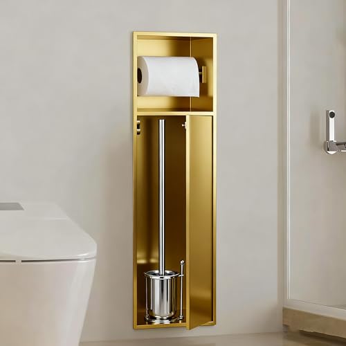 Recessed Toilet Paper Holder, in Wall 25" X 7" Toilet Paper Holder Storage, 304 Stainless Steel Tissue Roll Dispenser, Niche Shelf for Bathroom Space Saving Design, Gold