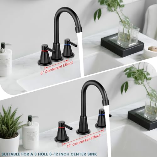 8 Inch Bathroom Faucet 3 Hole Black 2 Handle Bathroom Sink Faucet | Stainless Steel, 360° Swivel Spout, Widespread 2 Handle, Includes Pop-Up Drain,Water Supply Lines, Matte Black - color: Matte Black
