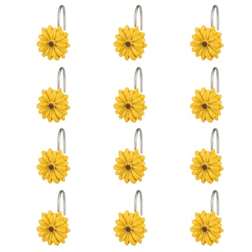Twofish Home Sun Flower Shower Curtain Hooks Anti Rust Shower Curtain Hooks Decorative Resin Sun Flower Shower Curtain Rings Set of 12 - color: Sun Flower
