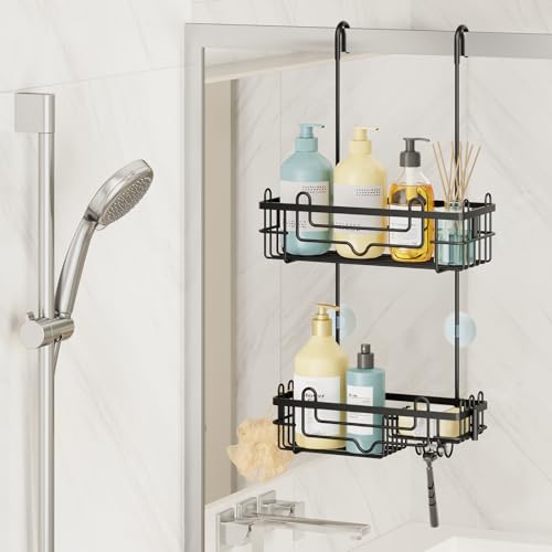 Consumest Over the Door Shower Caddy - 2-Tier Hanging Shower Organizer with Soap Holder, Rustproof Bathroom Storage and Organizer Rack for Shampoo, Towels, and Toiletries, Black