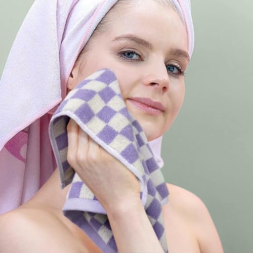 Wash Cloths Checkered 4 Pack (Lilac) - Cotton Washcloths for Face Body | 13 x 13 Inches Daily Cleansing Kitchen Towels - color: Lilac